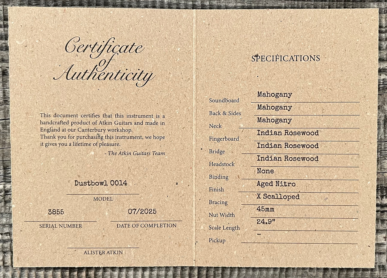 Atkin Oo14 Dust Bowl 00 Shsc Tout Acajou Rw #3855 - Natural - Guitare Folk - Variation 12