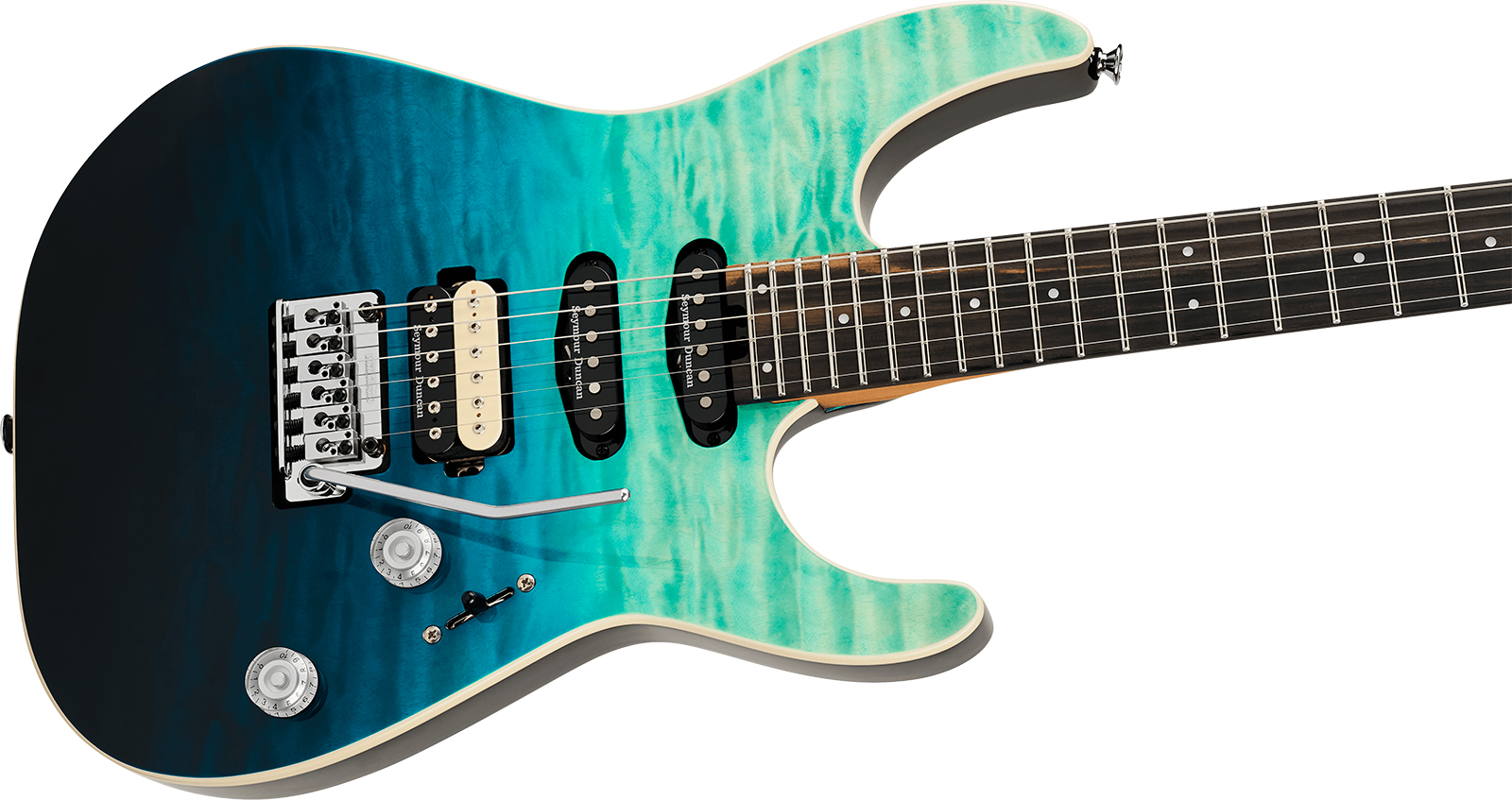 Charvel Dinky Dk24 Hss 2pt Eb Qm Pro-mod Plus Hss Seymour Duncan Trem Eb - Blue Curacao - Guitare Électrique Forme Str - Variation 2