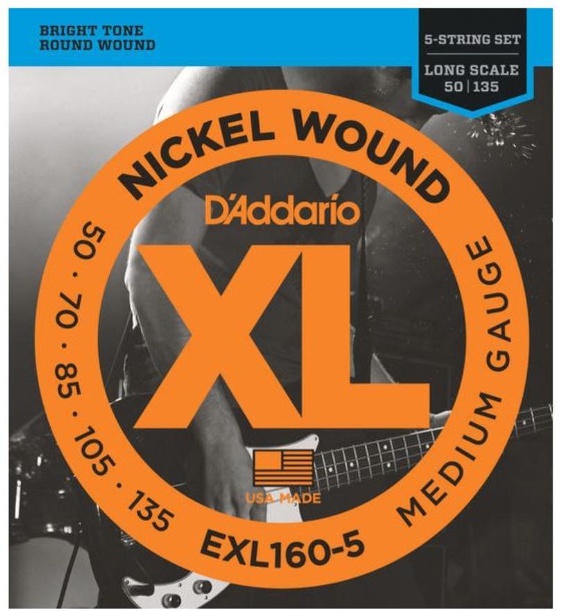 Cordes basse électrique D'addario EXL160-5 Electric Bass 5-String Set Nickel Round Wound Long Scale 50-135 - Jeu de 5 cordes