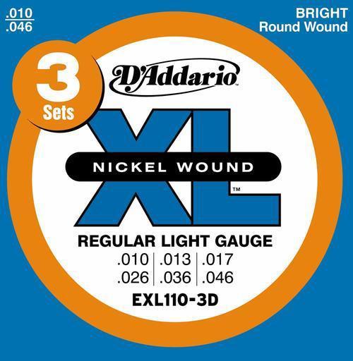 Cordes guitare électrique D'addario 3 sets XL Light 10-46 filé rond nickel - EXL1103D - Jeu de 6 cordes