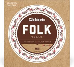 Cordes guitare classique nylon D'addario EJ34 Folk (6) 80/20 Bronze Wrap, Nylon Core - Jeu de 6 cordes