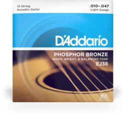 Cordes guitare acoustique D'addario EJ38 Phosphor Bronze 12-String Acoustic Guitar Strings, Light, 10-47 - Jeu de 6 cordes