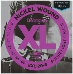 Cordes guitare électrique D'addario EXL120-8 Electric 8-String Super Light 9-65 - Jeu de 8 cordes