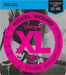 Cordes guitare électrique D'addario EXL150 Nickel Round Wound 12-String, Regular Light, 10-46 - Jeu de 6 cordes