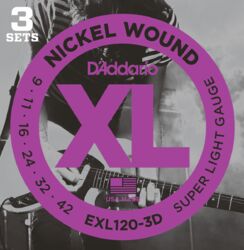 Cordes guitare électrique D'addario EXL120-3D Electric 3SETS Super Light 09-42 - Jeu de 6 cordes