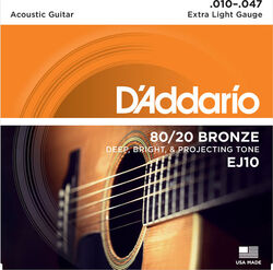 Cordes guitare acoustique D'addario EJ10 Bronze 80/20 10-47 - Jeu de 6 cordes