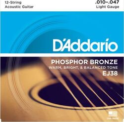 Cordes guitare acoustique D'addario Phosphor Bronze EJ38 12-strings Light 10-47 - Jeu de 6 cordes