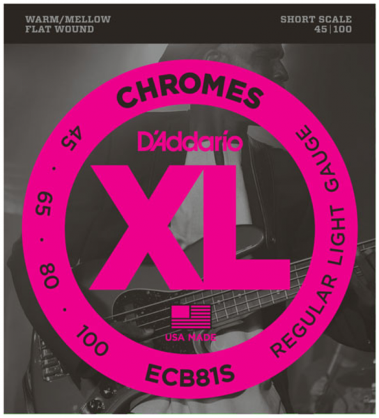 Cordes basse électrique D'addario ECB81S Chromes Flatwound Bass, Short Scale, 45-100 - Jeu de 4 cordes