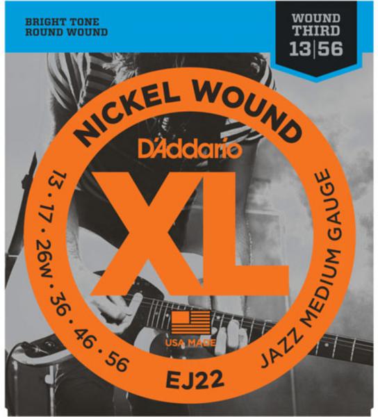 Cordes guitare électrique D'addario EJ22 Nickel Round Wound, Jazz Medium, 13-56 - Jeu de 6 cordes