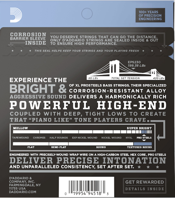 D'addario Eps170 Prosteels Round Wound Electric Bass Long Scale 4c 45-100 - Cordes Basse Électrique - Variation 1