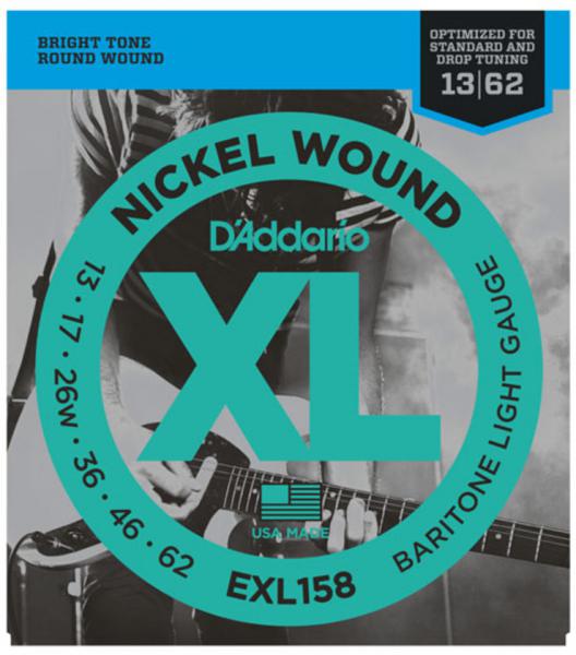 Cordes guitare électrique D'addario EXL158 Nickel Round Wound, Baritone Light, 13-62 - Jeu de 6 cordes