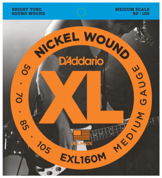 Cordes basse électrique D'addario EXL160M Nickel Wound Electric Bass 50-105 - jeu de 4 cordes