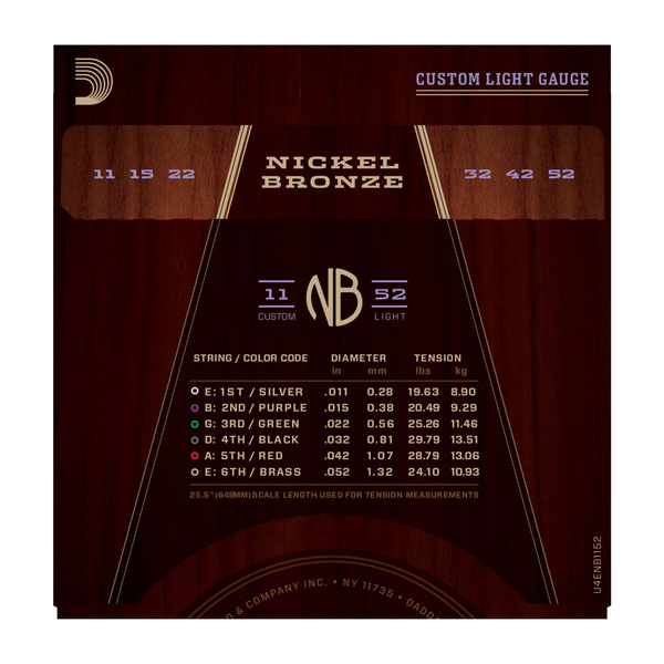 Cordes guitare acoustique D'addario NB1152 Acoustic Nickel Bronze Set 11-52 - jeu de 6 cordes