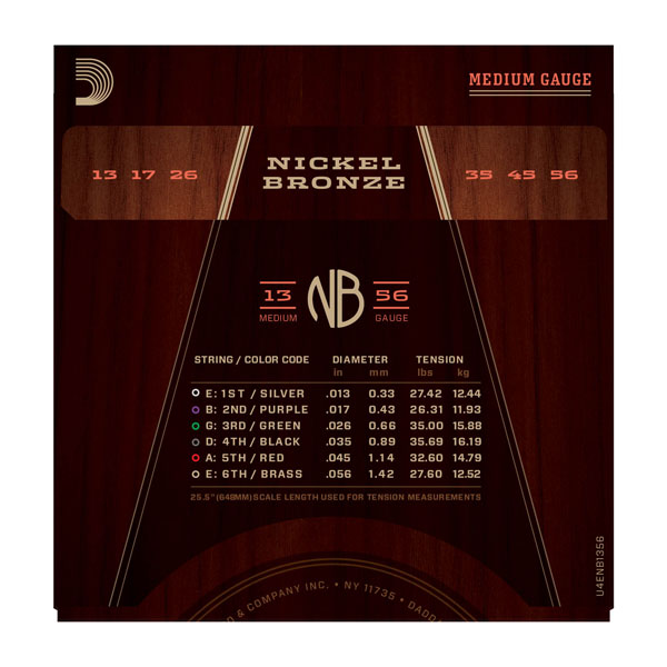 Cordes guitare acoustique D'addario NB1356 Acoustic Nickel Bronze Set 13-56
