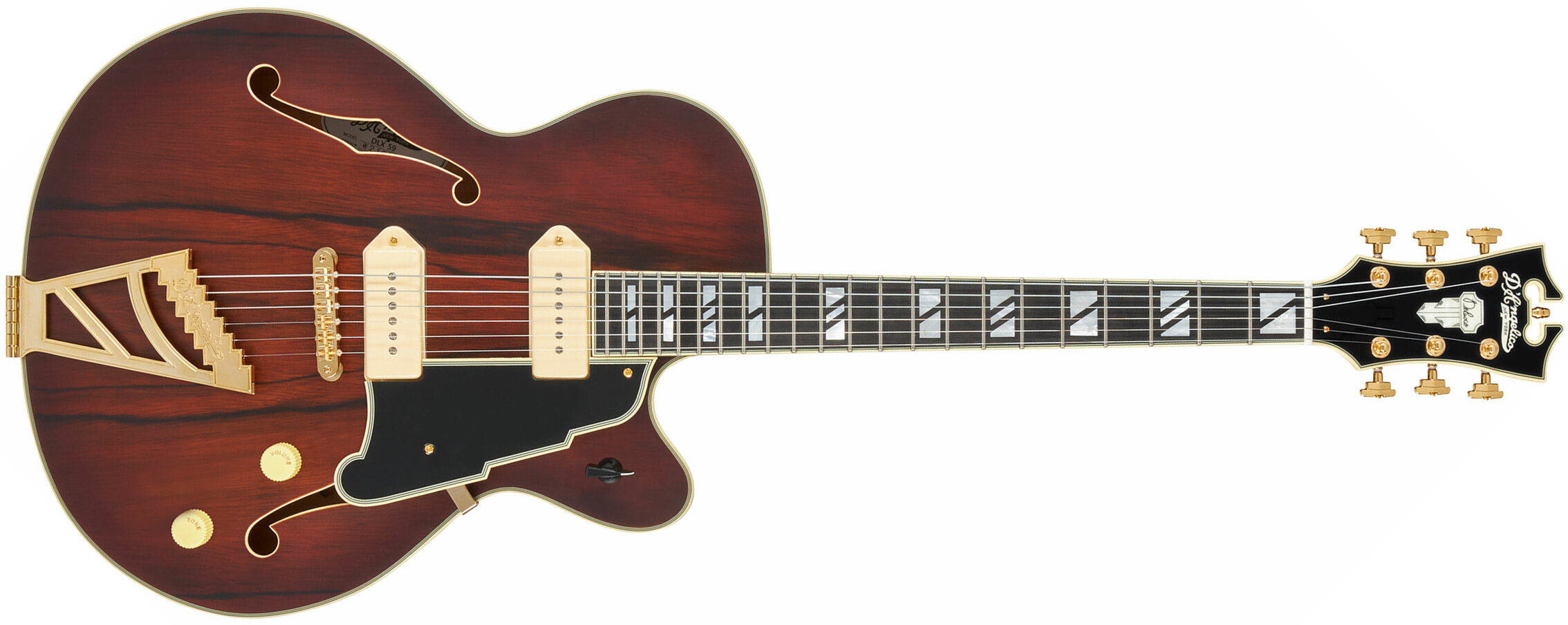 D'angelico 59 Deluxe 2s P90 Ht Eb - Satin Brown Burst - Guitare Électrique 3/4 Caisse & Jazz - Main picture