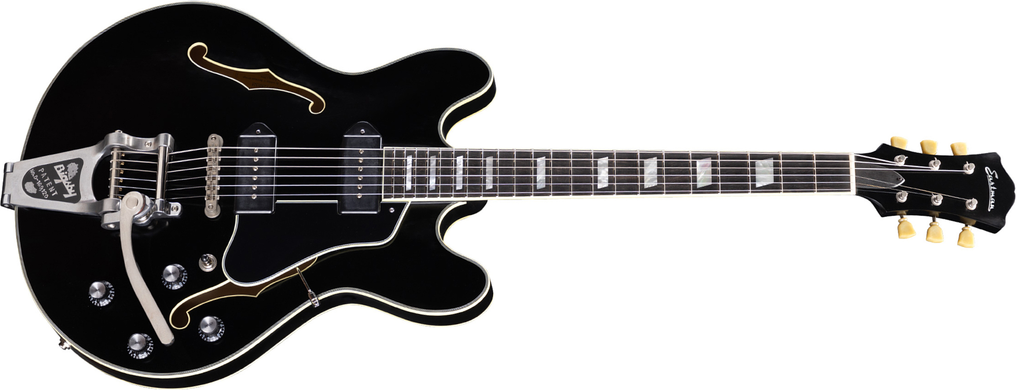 Eastman T64/tv Thinline 2s P90 Lollar Bigsby Eb - Truetone Vintage Gloss Black - Guitare Électrique 1/2 Caisse - Main picture