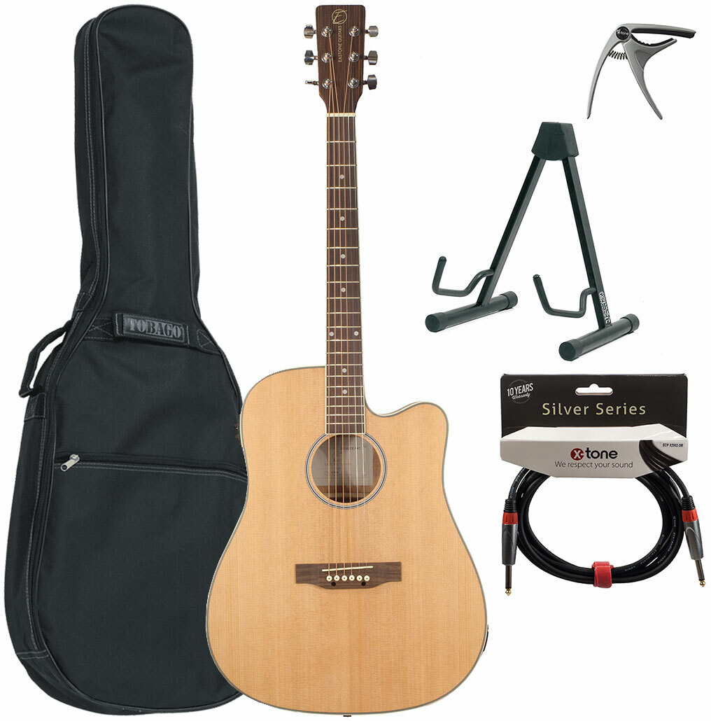 Eastone Dr160ce-nat +housse X-tone 2003 +cable +capo +stand - Natural - Pack Guitare Acoustique - Main picture