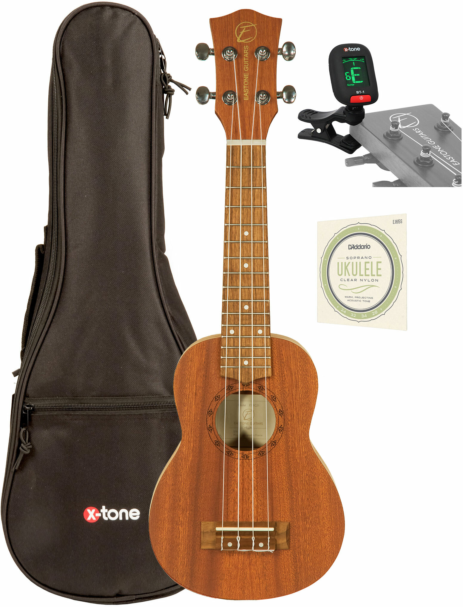 Eastone E11c21 Soprano Tout Sapele Son +x-tone 3110 Tuner / 2020 Bag / D'addario Ej65s - Pack Ukulele - Main picture