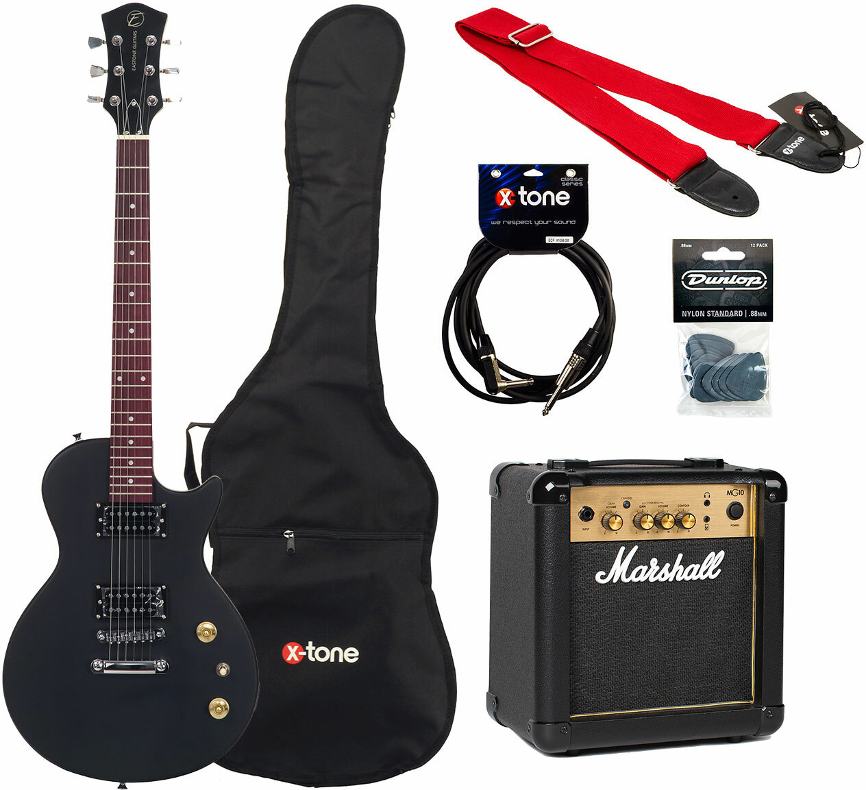 Eastone Lpl70 +marshall Mg10g +cable +housse +courroie +mediators - Black Satin - Pack Guitare Électrique - Main picture