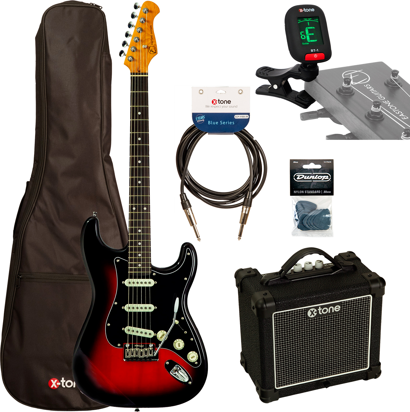 Eastone St100r-s3t-rw + X-tone Xt10s Combo +cable +mediators +clip-on Tuner +housse - 3-tone Burst - Pack Guitare Électrique - Main picture