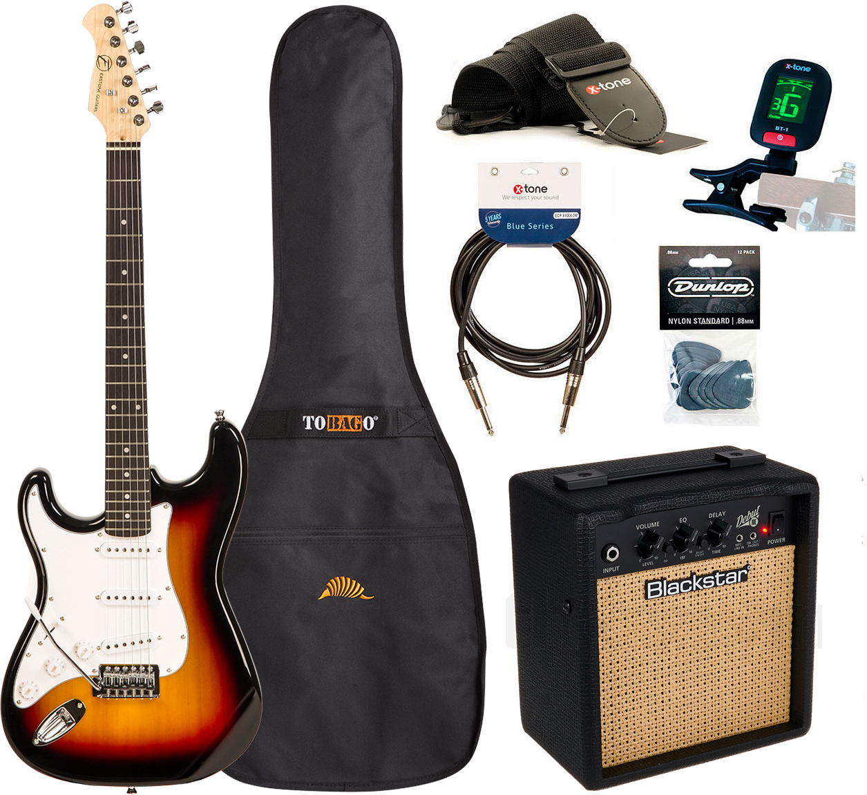 Eastone Str70 Lh Gaucher +blackstar Debut 10 +cable +clip-on Tuner +mediators +housse +courroie - 3 Tone Sunburst - Pack Guitare Électrique - Main pic