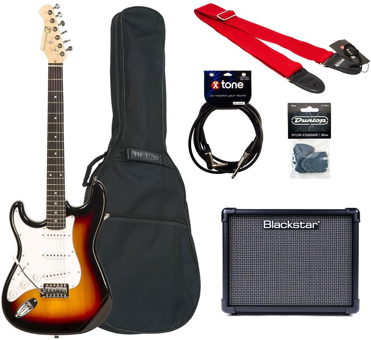 Pack guitare électrique Eastone STR70T Gaucher +Blackstar ID Core Stereo V3 10 W +Accessories - 3 tone sunburst