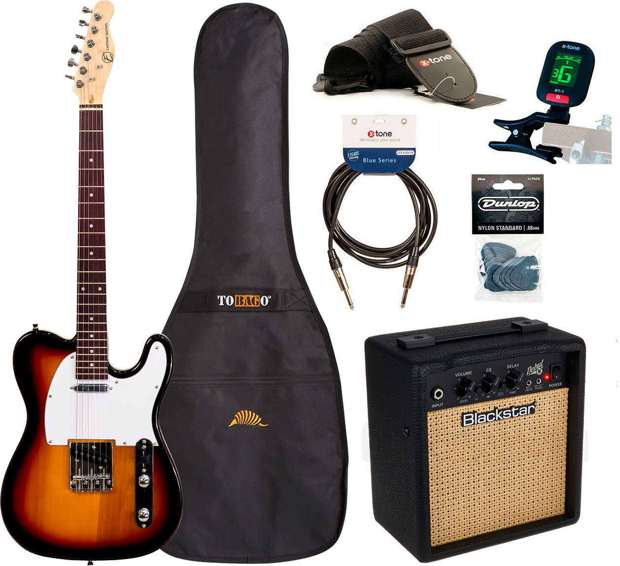 Eastone Tl70 +blackstar Debut 10 +cable +clip-on Tuner +mediators +housse +courroie - 3 Tone Sunburst - Pack Guitare Électrique - Main picture