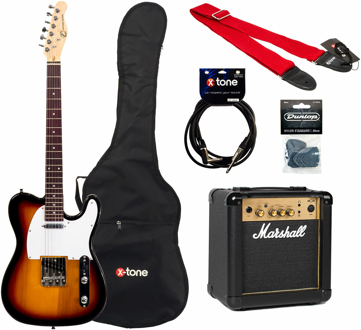 TL70 + MARSHALL MG10 +HOUSSE + COURROIE + CABLE + MEDIATORS - 3 tone  sunburst Pack guitare électrique Eastone
