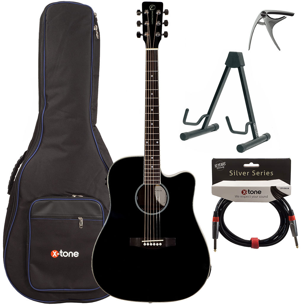 Eastone Dr100ce-blk +housse X-tone 2003 +capo +stand +jack - Black - Pack Guitare Acoustique - Variation 1