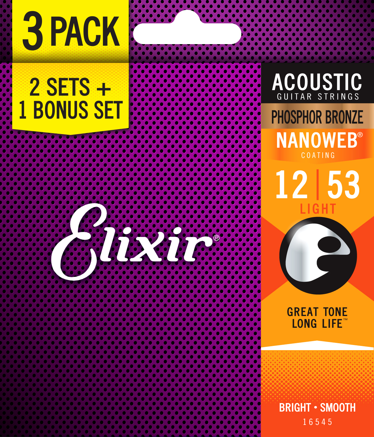 Elixir Pack De 3 Jeux 16052 Nanoweb Phosphor 12-53 - Cordes Guitare Acoustique - Main picture