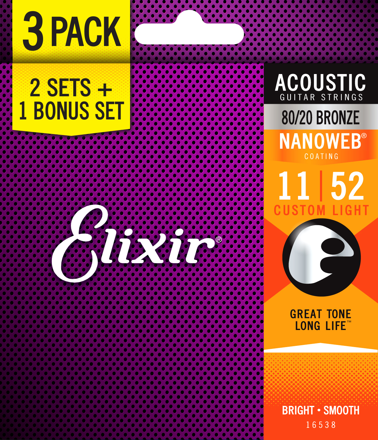 Elixir Pack De 3 Jeux 11027 Nanoweb 80/20 11-52 - Cordes Guitare Acoustique - Main picture