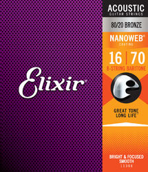 Cordes guitare acoustique Elixir 11308 8-String Nanoweb 80/20 Bronze Acoustic Guitar Strings 16-70 - Jeu de 8 cordes