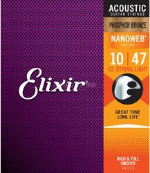 Cordes guitare acoustique Elixir 16152 Acoustic Guitar 12-String Set Nanoweb Phosphor Bronze 10-47 - Jeu de 12 cordes