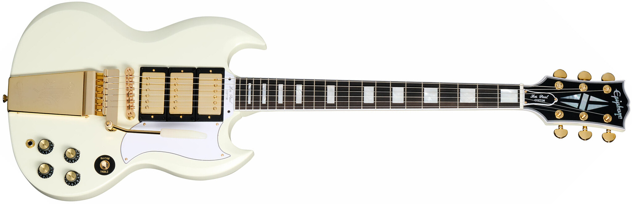 Epiphone Sg Les Paul Custom 1963 Maestro Vibrola Inspired By 2h Trem Eb - Vos Classic White - Guitare Électrique Double Cut - Main picture