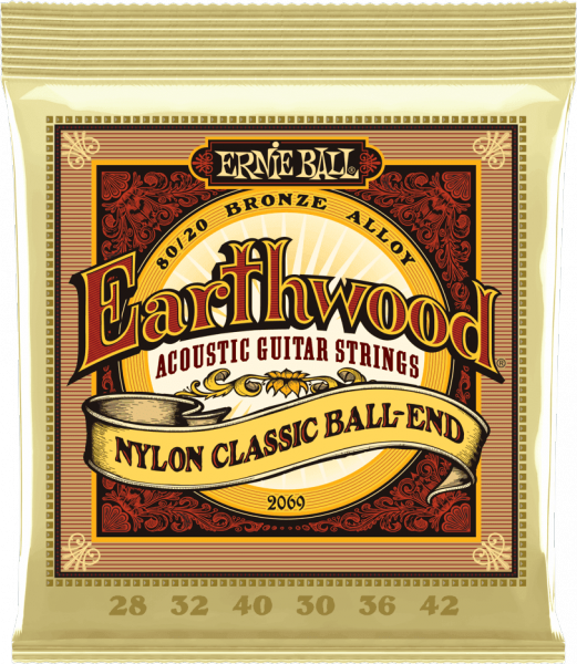 Cordes guitare classique nylon Ernie ball Classic (12) 2069 Earthwood Nylon Ball-End 28-42 - jeu de 12 cordes