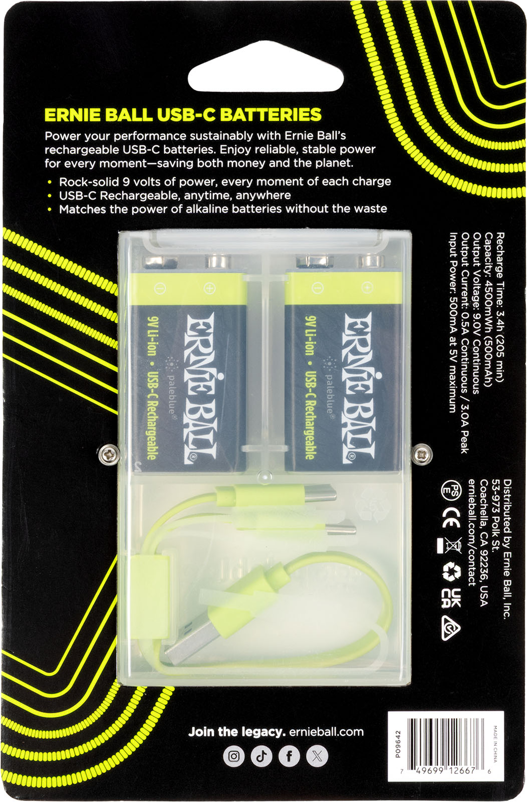 Ernie Ball 9642 - 9v Rechargeable Via Usb-c - Pile / Accu / Batterie - Variation 1