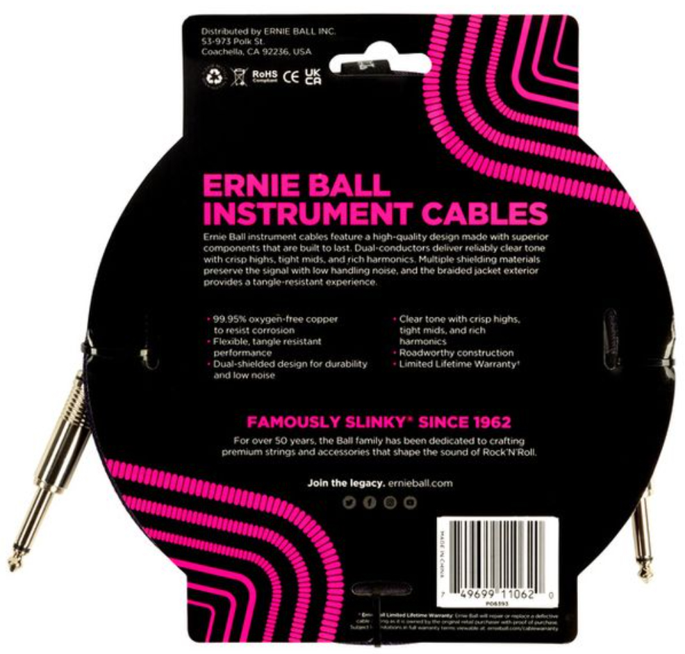 Ernie Ball Braided Instrument Cable Droit Droit 10ft 3.05m Red Black - CÂble - Variation 1
