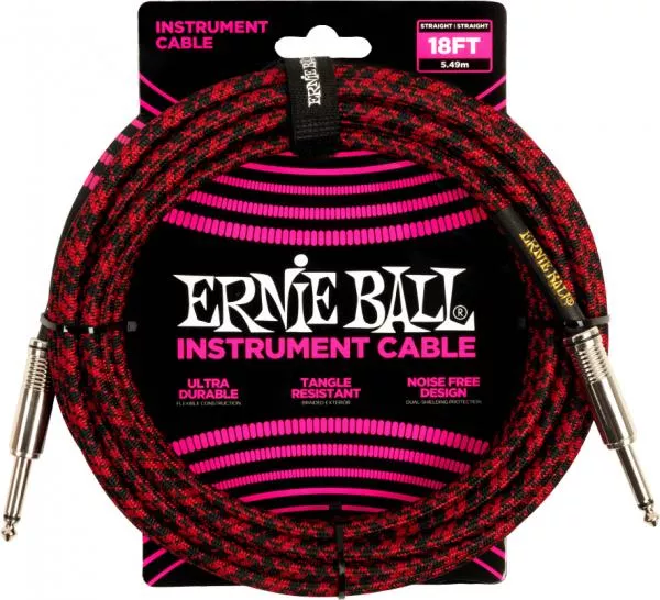 Câble Ernie ball Braided Instrument Cable Straight/Straight 18ft - Red Black
