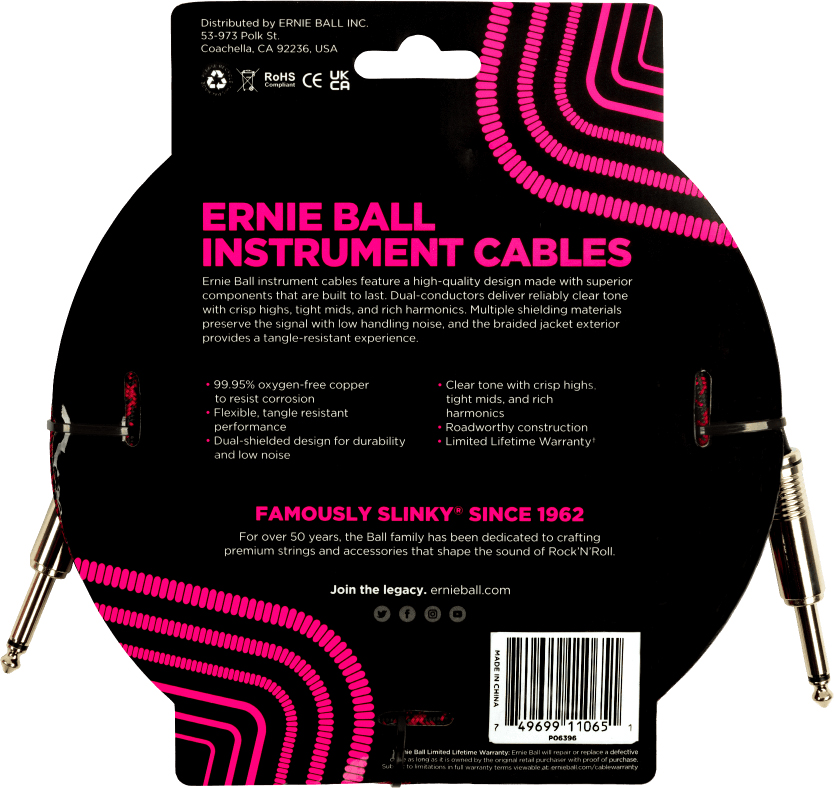 Ernie Ball Braided Instrument Cable Droit Droit 18ft 5.49m Red Black - CÂble - Variation 1