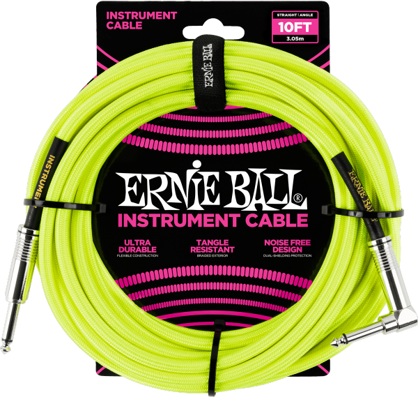 Câble Ernie ball Cables Instrument Gaine Tissée Jack/Jack Coudé 3m Jaune Fluo