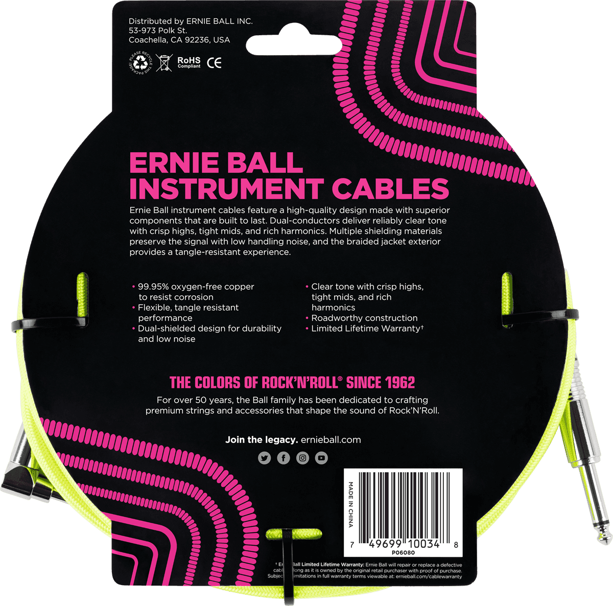 Ernie Ball Cables Instrument Gaine Tissée Jack/jack Coudé 3m Jaune Fluo - CÂble - Variation 1