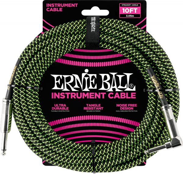 Câble Ernie ball Cables Instrument Gaine Tissée Jack/Jack Coudé 3m Noir/Vert