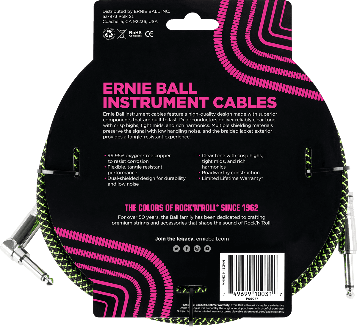 Ernie Ball Cables Instrument Gaine TissÉe Jack/jack CoudÉ 3m Noir/vert - CÂble - Variation 1