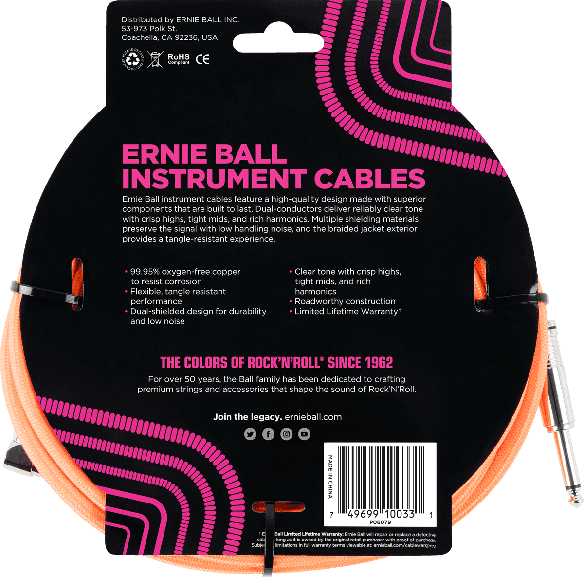 Ernie Ball Cables Instrument Gaine TissÉe Jack/jack CoudÉ 3m Orange - CÂble - Variation 1
