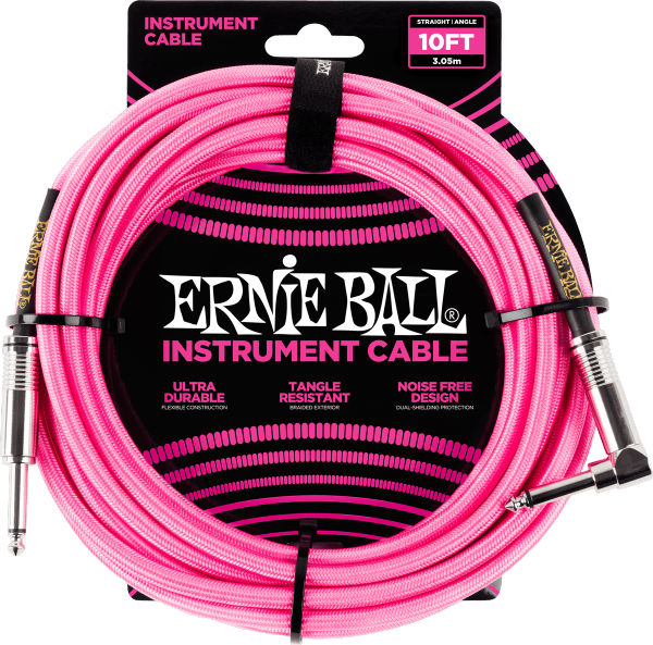 Câble Ernie ball Cables instrument Gaine Tissée Jack/Jack Coudé 3m Rose Fluo