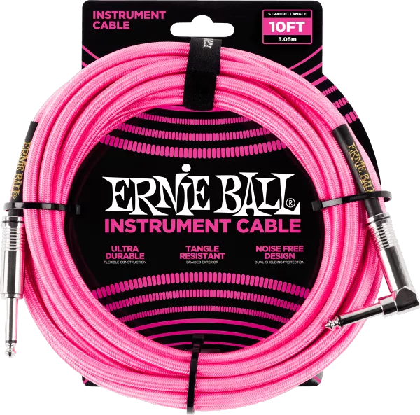 Câble Ernie ball Cables instrument Gaine Tissée Jack/Jack Coudé 3m Rose Fluo