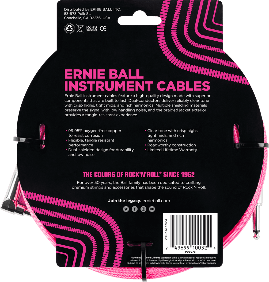 Ernie Ball Cables Instrument Gaine TissÉe Jack/jack CoudÉ 3m Rose Fluo - CÂble - Variation 1