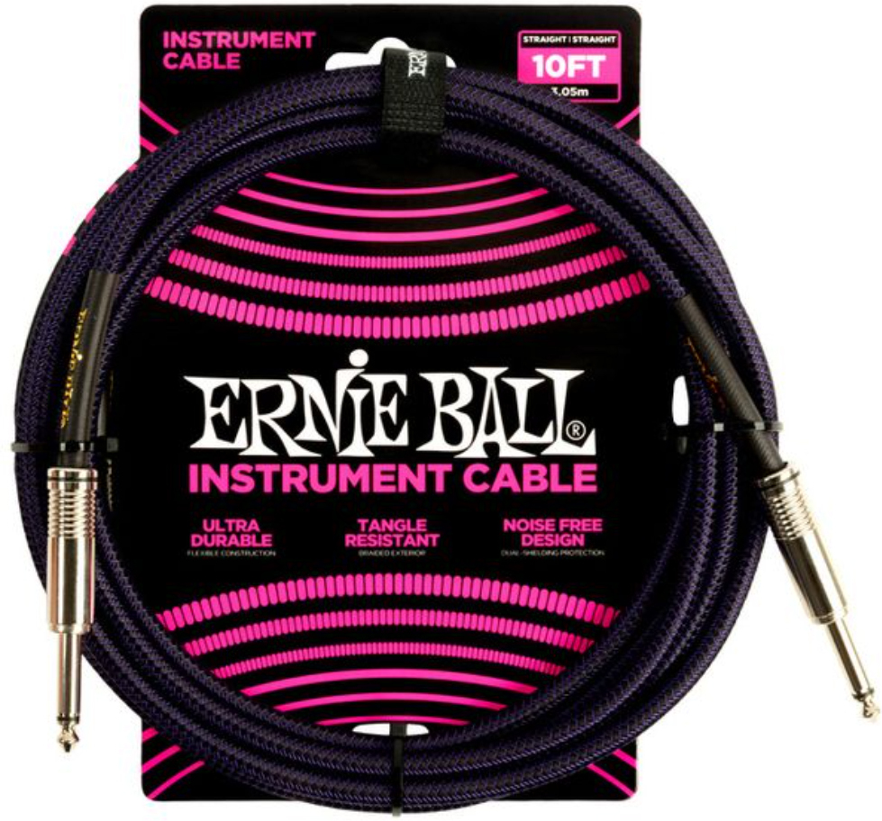 Ernie Ball Braided Instrument Cable Droit Droit 10ft 3.05m Purple Black - CÂble - Main picture