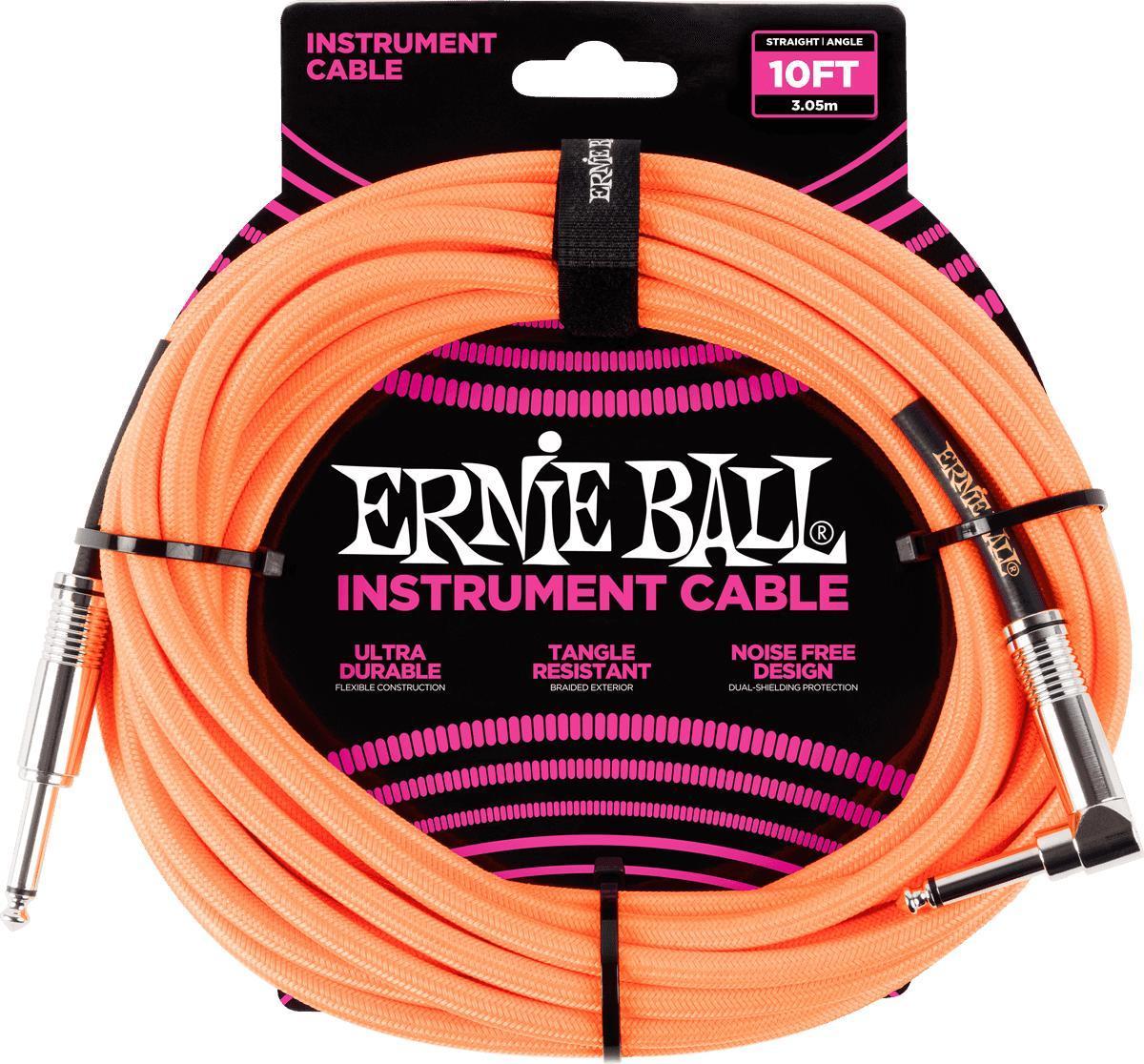 Câble Ernie ball Cables Instrument Gaine Tissée Jack/Jack Coudé 3m Orange