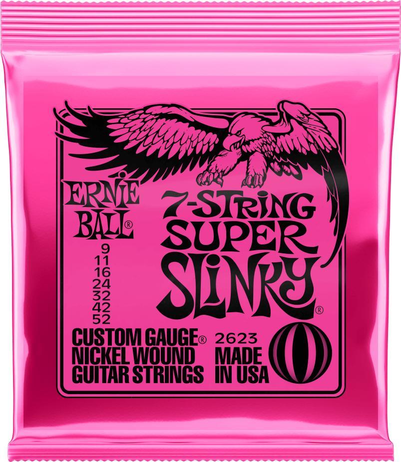 Cordes guitare électrique Ernie ball P02623 Electric Guitar 7-String Set Super Slinky Nickel Wound 9-52 - Jeu de 7 cordes